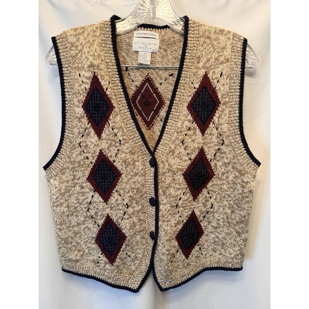 Vintage Christopher & Banks Size M Hand Embroidered Sweater Vest Diamonds Beige